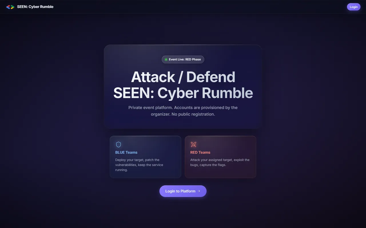 Screenshot of the SEEN: Cyber Rumble CTF platform